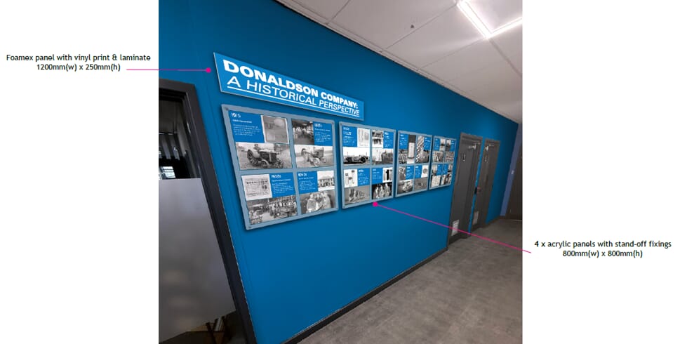 Donaldson phase 2 visual concept of new acrylic signs and graphics timeline.